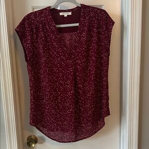 Monday Fun Lillian Burgundy Dot V-neck Cap-Sleeve Blouse, medium